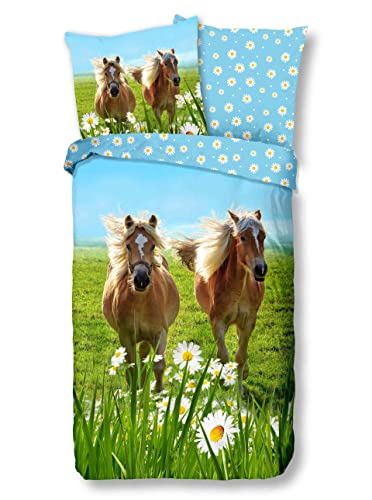 Kinder-Wendebettwäsche Horses Baumwolle blau grün 135 x 200 + 80 x 80 cm