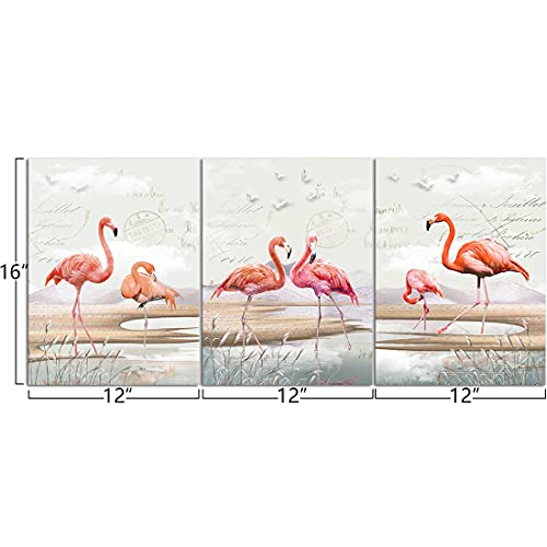 Qtespeii 3 Pieces Flamingo Wall Art Pink Birds Pictures Canvas Prints Wildlife Landscape Painting Modern Decor For Bedroom Living Room Bathroom Framed Office Decorations Christmas Gifts 12"X16" Per #TOP1