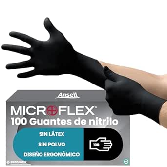 Ansell MicroFlex 93-852 Guantes Nitrilo Sin Polvo, Guantes Desechables Resistentes, Latex Free, Guantes Trabajo Multiusos, Talla L, Negros (100 Unidades)