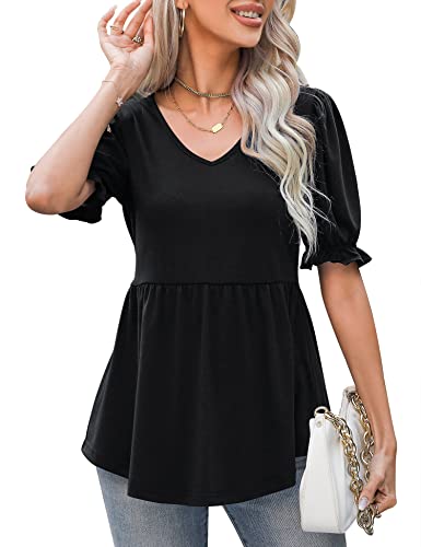 Micoson Women's Puff Short Sleeve Peplum Top V Neck Pleated Tee Shirt Casual Loose Blouse Pregnancy Tunics Black Xl #TOP1