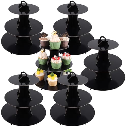 LOPYXBR 6PCS Black Cardboard Cake Stand 3 Tier Cardboard Cupcake Stand, Round Black Afternoon Tea Stands, Reusable Cardboards Dessert Stands for Birthday Wedding Anniversary Party