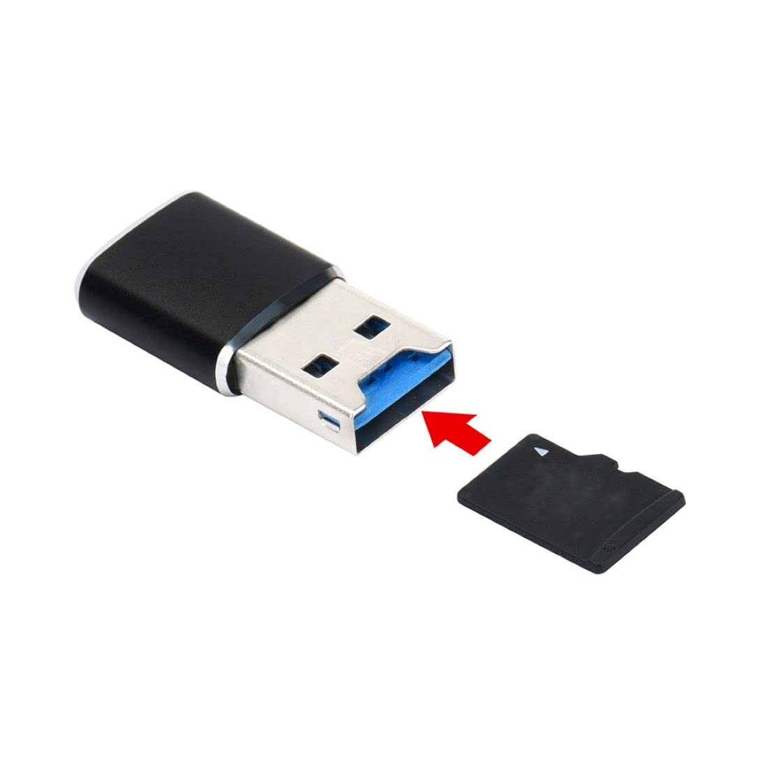 A black ChenYang USB 2.0 Micro SD card reader with a Micro SD card being inserted into its slot, indicated by a red arrow.
