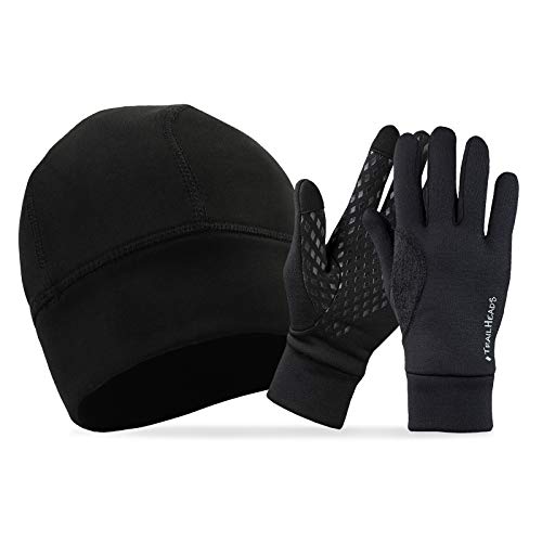 TrailHeads Mens Power Cap | Skull Cap/Power Stretch Touchscreen Running Gloves - black (small) (medium)