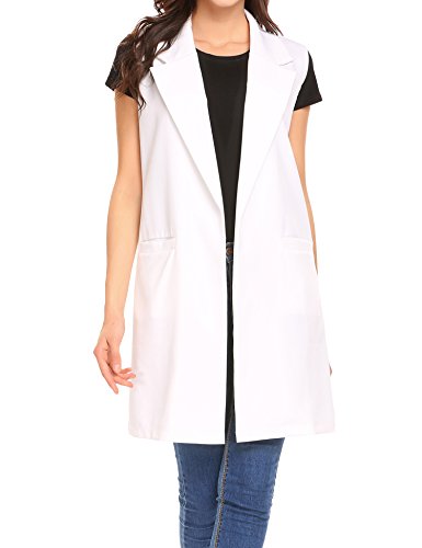 ELESOL Women's Long Blazer Sleeveless Duster Trench Vest Casual Open Front Cardigan Blazer with Pockets White XXL