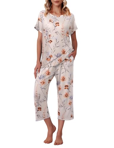 Image of Ekouaer Women's Capri Pajama Sets Print Short Sleeve Sleepwear Top and Capri Pants Soft Loungewear with Pocket