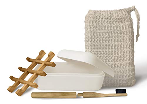 EDARTO® 2 portasapone ecologici e sostenibili in bambù e amido di mais con vaschetta raccogligocce + 2 sacchetti per sapone, 100% sisal naturale