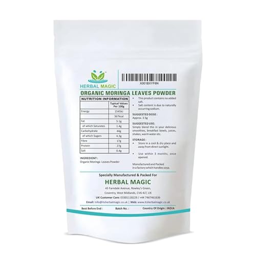 Herbal Magic's Organic Moringa Leaf Powder Raw and Pure Whole Leaves, Green Superfood for Smoothies, Shakes, Baking, Free from Fillers & Preservatives. of&G UK Organic Certified 100g (Pack of 1)