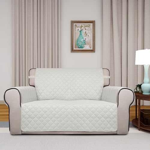 Image of PureFit Reversible Quilted Sofa Cover, Water Resistant Slipcover Furniture Protector, Washable Couch Cover with Non Slip and Elastic Straps for Kids, Dogs, Pets (Loveseat, Ivory /Ivory)