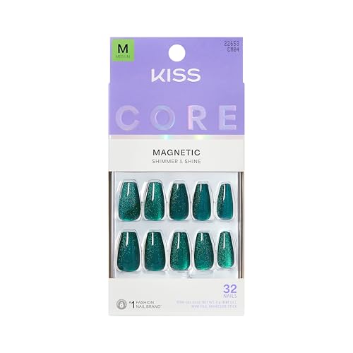 Kiss Core Press On Nails Nail glue included Shimmering Green Medium Size Coffin Shape Includes 32 Nails 2g Glue 1 Manicure Stick 1 Mini File