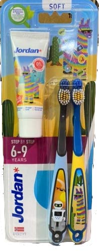 Amazon.com: Jordan* Paso 3 Cepillo de dientes infantil para niños de 6 a 9  años de edad con cerdas suaves y mango ergonómico doble, sin BPA, color  azul y amarillo, paquete de 2 unidades
