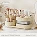 Ivory Rotating Vanity Organizer with Drawer & Brush Holder - 3 Layer Cosmetic Skincare & Perfume Storage - Countertop Makeup Display Case