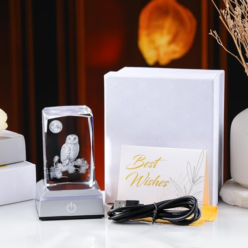 Image of 3D Laser Etched Crystal Owl Night Light - Color-Changing LED Base, K9 Crystal Paperweight & Home Decor Gift for Owl Lovers - 3.15inch