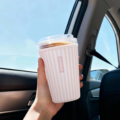 Image of Reusable Insulated Sleeve for Iced Coffee Cup, 3-Pack Coffee Neoprene Drink Sleeve for Cold & Hot Drinks, Beverage Holder for Iced Coffee (Blush Stripes)