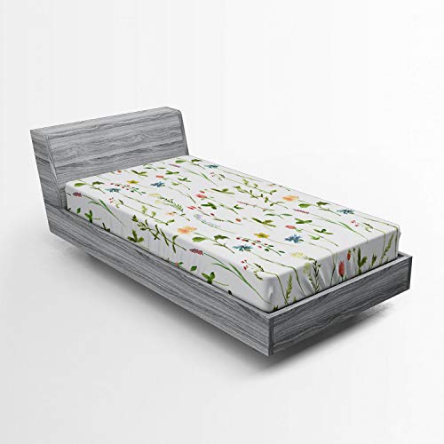Ambesonne Floral Fitted Sheet, Spring Season Themed Watercolors Painting of Herbs Flowers Botany Garden Art, Bed Cover with All-Round Elastic Deep Pocket for Comfort, Twin Size, Yellow Green
