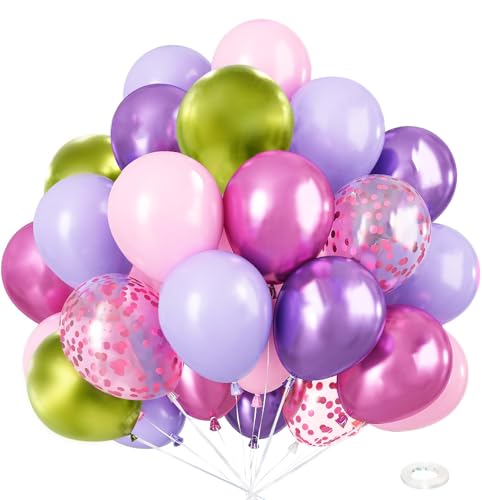 Image of Light Pink Purple Green Balloons Birthday Party Decorations-48Pcs 12inch Assorted Metallic Hot Pink Purple Balloon,Confetti Latex Baloons Kit for Princess Witch Fairy Monster Garden Jungle Theme Party