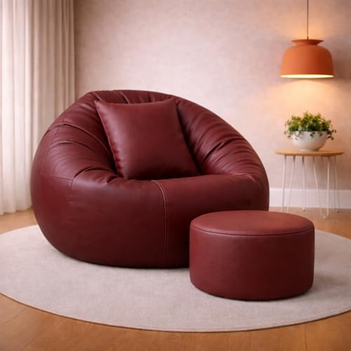 Image of 4XL Tear Drop Bean Bag with Footrest & Cushion | Premium Leatherette Bean Bag Cover | XXXXL Lounger Chair for Living Room | Without Beans | Upto 150 Kg (Wine, XXXXL)