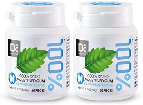DC24 DAILY CARE 100% Xylitol Gum, No Aspartame, Sugar Free Peppermint Chewing Gum, Natural Flavors, Gluten Free, Vegan, 60 Pieces, Pack of 2