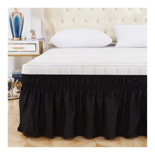 FOVAOK Faldón de cama elástico con volantes, suave, cómodo, envolvente, resistente a la decoloración, color sólido, tamaño individual, matrimonial, Queen, King (negro, Queen)