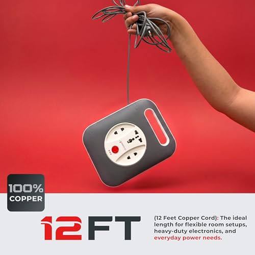 Image of Kase Plus 12 Feet Extension Flex Box with LED Light & Easy Switch (6A) | Heavy Duty Copper Cord, International Multi Plug Power Strip
