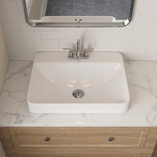 DeerValley 24x19 Inch Semi-Recessed Drop-In Bathroom Sink, White Ceramic Vessel with 4-Inch 3-Hole...