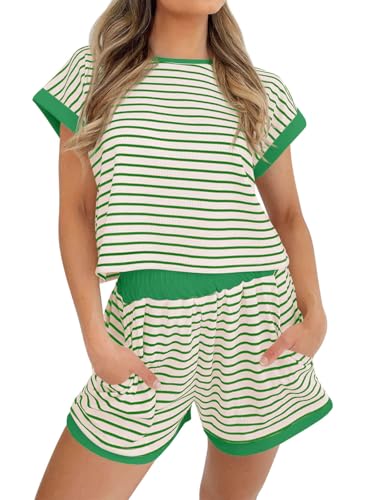 Image of Tankaneo Womens Summer 2 Piece Sets Striped Short Sleeve T Shirts and Shorts Loungewear Matching Set