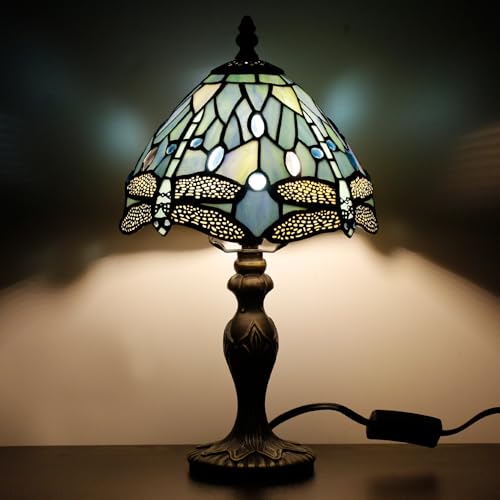 Image of TCODTPOL Small Tiffany Stained Glass Table Lamp,Blue Dragonfly