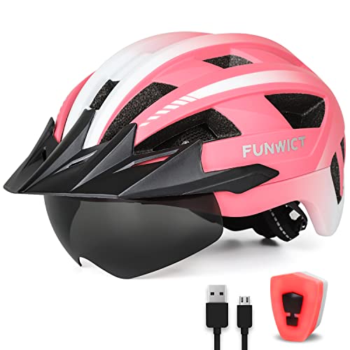 FUNWICT Casco Bicicleta para Ciclismo de Montaña Casco MTB Adulto con Visera y Gafas Desmontables Casco Ciclismo para Hombre Mujer de Tamaño 57-62cm (M: 54-58 cm, Rosado)