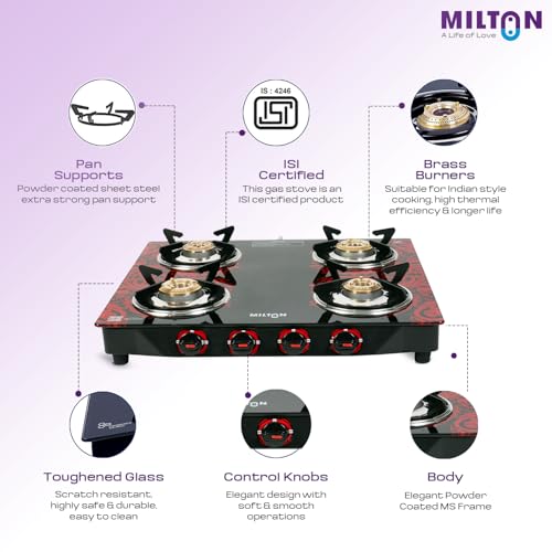 MILTON Premium Red Manual Ignition Glass Top Gas Stove, (ISI Certified) (4 Burner) - Image 5