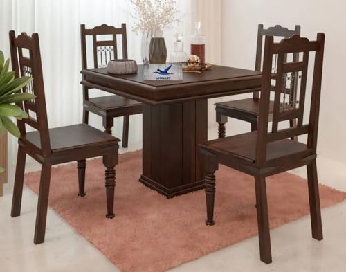 Image of Loonart Solid Sheesham Wood 4-Seater Dining Table Set with Pillar Base|Handcrafted Wooden Dining Furniture with Warm Chestnut Finish|Compact Dining Set for Home| Kitchen Or Apartment Use|