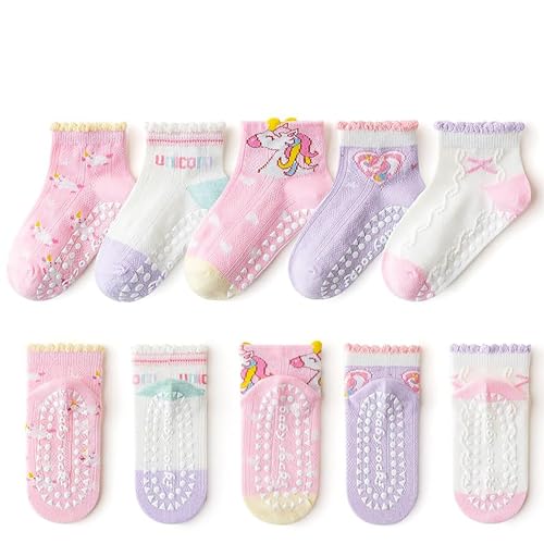 Silkglory Calcetines Antideslizantes Bebe,5 PCS Algodón Lindos Calcetines Infantiles con Volantes,Calcetines Recién Nacidos con Lindos Patrones de Bordado 1-3 Años