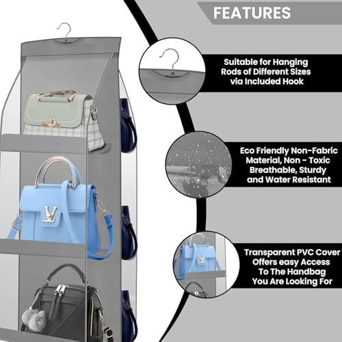Image of Handbag Organizer, 6-Pocket Hanging Purse Holder, Clear PVC Windows for Quick Identification, Stainless Steel Swivel Hook, Grey, Large