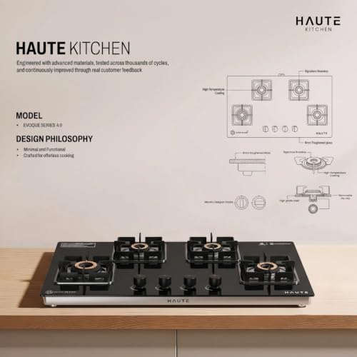Image of Haute Evoque series 4.0 Black 4 Burner Manual Stove | 8 MM Atom Glass | ISI certified |Door Step Service |10 Year Warranty by Haute Home