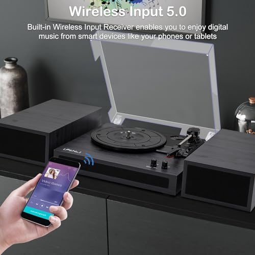 LP&No.1 Vinyl Record Player with Stereo Bookshelf Speakers, Vintage Wood Finish, 3-Speed Belt-Drive Turntable with Wireless Input Playback Mode, RCA Output, Auto Stop | Black Gray