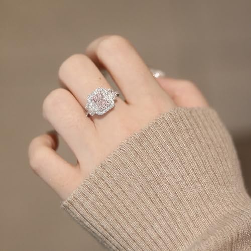 1 Carat 5 * 7mm Pink Emerald Cut Zirconia Sterling Silver Ring with Side Stones, Elegant Princess Cut Cubic Zirconia Engagement Ring for Women, Anniversary, Birthday Jewelry4