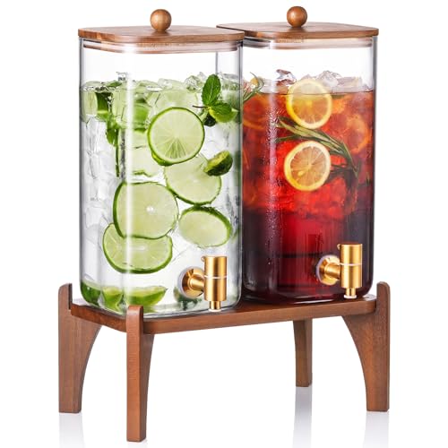 Image of 2 Pack 1.5 Gallon Square Glass Drink Dispenser with Wooden Stand & Lid, Large Beverage Dispenser with Stainless Steel Spigot, Juice & Lemonade Dispenser for Parties, Iced Tea, Water, Space-Saving