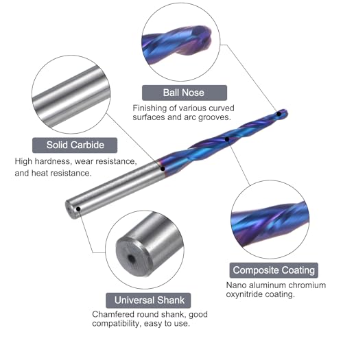 Image of uxcell Tapered Ball Nose End Mill CNC Router Bit, 1 /16 inch Radius 1 /4 inch Shank Solid Carbide Coated Upcut Spiral 2 Flutes Cutter Milling Tool, 1 /8 inch Dia 3 inch Total Length
