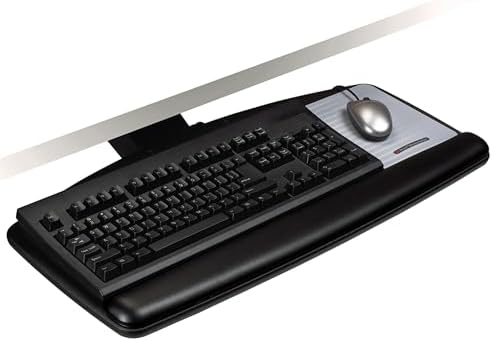 3M Keyboard Tray, Adjustable Height and Tilt, Includes Wrist Rest and Mouse Pad, Swivels Side to Side, Stores Under Desk, 23 in Track, Black (AKT90LE)