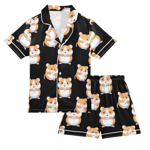 ALAZA Cute Animal Hamster Black Satin Pajamas Set Short Sleeve Button Down Sleepwear Summer Pjs 2 Piece