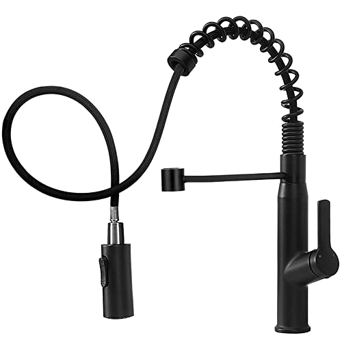KINFAUCETS Commercial Solid Brass Single Handle Matte Black Pull Down Sprayer Spring Kitchen Faucet with Sprayer, 1 Or 3 Hole Prep Kitchen Sink Faucet for Farmhouse Rv Camper Laundry Utility Bar Sinks