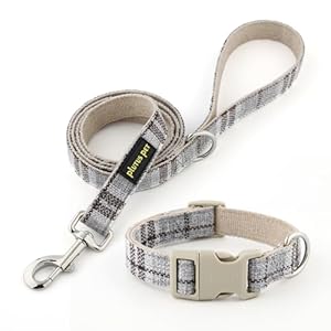Plutus Pet Cotton Hemp Dog Collar and Leash Set, Adjustable Collar for Small, Medium, and Large Dogs, Heavy Duty and Soft on Skin, Gray Plaid, XS