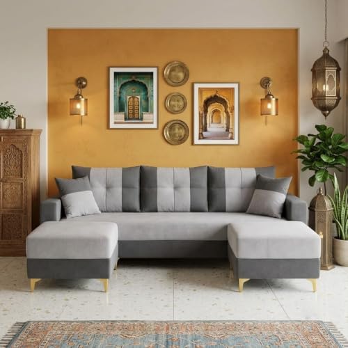 Image of Cavishq 5 Seater L Shape Sofa Set with 2 Movable Ottomans | Flexible Layout | Luxury Velvet Suede Fabric | Modern Living Room Sofa | Dark Grey-Light Grey