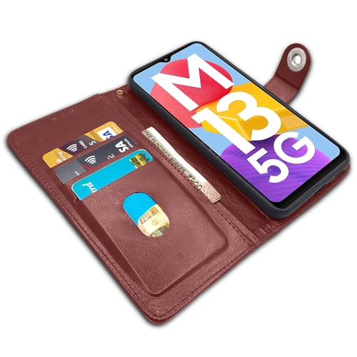 Image of Pikkme Samsung Galaxy M13 5G Flip Cover Leather Finish | Inside TPU with Card Pockets | Wallet Stand and Shock Proof | Complete Protection Button Flip Case (Brown)