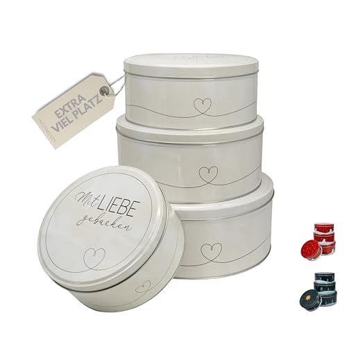 INSPINOVIA Keksdosen 4er Set | Ideal für Weihnachtsplätzchen & andere Leckereien | 4 Größen im Set | Gebäck & Aufbewahrungsdosen in bezaubernden Designs für viele Anlässe (Mit Liebe gebacken)