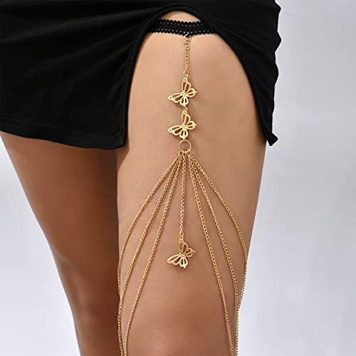 Thigh Chain For Women Vintage Butterfly Leg Chain For Teen Girls Layered Boho Body Chain For Summer Cool Adjustable Stretch Body Chain Jewelry For Beach(Gold 3 Layered) #TOP1
