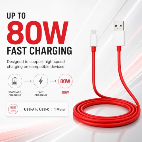 Image of Novobit 80W SUPERVOOC Fast Charging USB Type-C Cable, Compatible with OnePlus 13 /13R /12 /12R /11 /10 /10T /9 /9R /9RT /8 /8T /7T /7Pro, Nord 4 /3 /2 /2T /CE4 /CE3 /CE2Lite, 1m Red, 1Yr Warranty, 480Mbps Sync