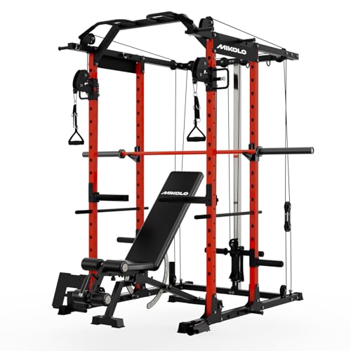 Image of Mikolo Power Cage, Power Rack with Cable Crossover System, 1500LBS Squat Rack with LAT Pull Down System, Workout Cage with Pulley System for Fitness Home Gym