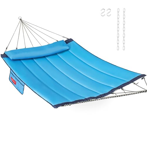 Lazy Daze Hammocks 12 FT Quilted Fabric Hammock with Curved Aluminium Spreader Bar, Outside Double Hammock with Soft Pillow, Side Pocket 450 Lbs Capacity for Patio, Poolside, Lake Blue