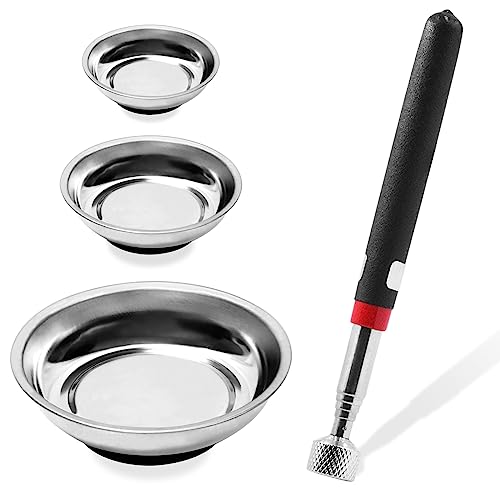 Glarks Lot de 4 plateaux à outils magnétiques avec outil de ramassage magnétique, 7.6 cm, 10.2 cm, 15.2 cm, boulon, pièces métalliques