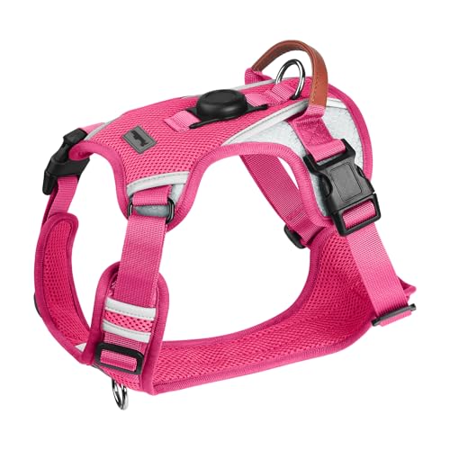 No Pull Dog Harness with Built-in AirTag Holder – Reflective Adjustable Vest for Safe, Stylish Daily Walks (Hot Pink, Small)
