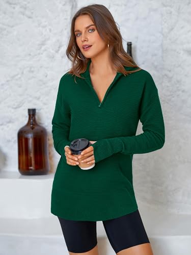 Image of PRETTYGARDEN Womens Long Sleeve Quarter Zip Pullover Sweater | Casual Loose V Neck Sweaters with Thumb Hole, Collared Ribbed Knit Jumper Tops, Oversized Tunic Tops, Fall Outfits 2026